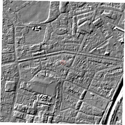 Shaded relief map of the ground around HU93RY, computed from Environment Agency LiDAR. The ground here sits at about 3 m above sea level and falls 6 m across the surrounding 800 m. Surface water reaching this point runs off ground lying to the east, 0.7 m higher.