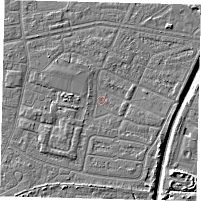 Shaded relief map of the ground around HU93RZ, computed from Environment Agency LiDAR. The ground here sits at about 2 m above sea level and falls 7 m across the surrounding 800 m. Surface water reaching this point runs off ground lying to the south-south-west, 1.6 m higher.