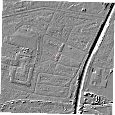 Shaded relief map of the ground around HU93SA, computed from Environment Agency LiDAR. The ground here sits at about 3 m above sea level and falls 7 m across the surrounding 800 m. Surface water reaching this point runs off ground lying to the east-south-east, 1.4 m higher.