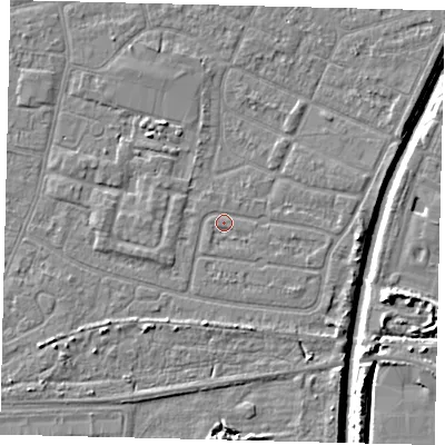 Shaded relief map of the ground around HU93SB, computed from Environment Agency LiDAR. The ground here sits at about 3 m above sea level and falls 7 m across the surrounding 800 m. Surface water reaching this point runs off ground lying to the east-south-east, 0.9 m higher.
