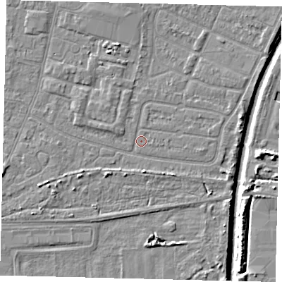 Shaded relief map of the ground around HU93SD, computed from Environment Agency LiDAR. The ground here sits at about 2 m above sea level and falls 7 m across the surrounding 800 m. Surface water reaching this point runs off ground lying to the east, 1.1 m higher.