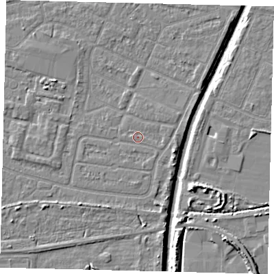 Shaded relief map of the ground around HU93SE, computed from Environment Agency LiDAR. The ground here sits at about 3 m above sea level and falls 8 m across the surrounding 800 m. Surface water reaching this point runs off ground lying to the south-south-east, 0.8 m higher.