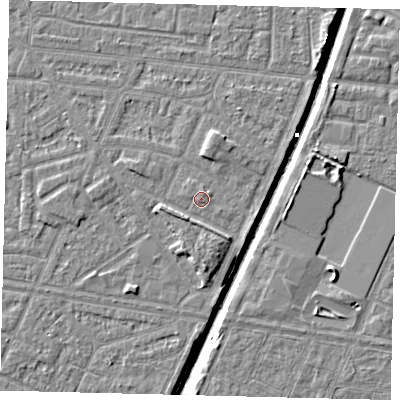 Shaded relief map of the ground around HU93SF, computed from Environment Agency LiDAR. The ground here sits at about 3 m above sea level and falls 6 m across the surrounding 800 m. Surface water reaching this point runs off ground lying to the north-north-east, 0.9 m higher.