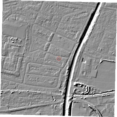Shaded relief map of the ground around HU93SG, computed from Environment Agency LiDAR. The ground here sits at about 3 m above sea level and falls 8 m across the surrounding 800 m. Surface water reaching this point runs off ground lying to the east, 0.8 m higher.