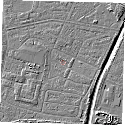 Shaded relief map of the ground around HU93SN, computed from Environment Agency LiDAR. The ground here sits at about 2 m above sea level and falls 7 m across the surrounding 800 m. Surface water reaching this point runs off ground lying to the south-west, 1.6 m higher.