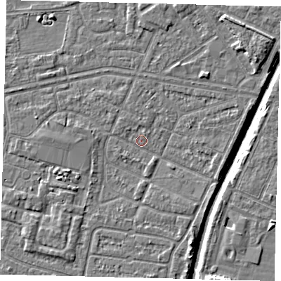 Shaded relief map of the ground around HU93SP, computed from Environment Agency LiDAR. The ground here sits at about 2 m above sea level and falls 6 m across the surrounding 800 m. Surface water reaching this point runs off ground lying to the south-west, 1.6 m higher.