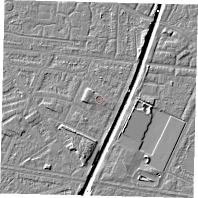 Shaded relief map of the ground around HU93SQ, computed from Environment Agency LiDAR. The ground here sits at about 3 m above sea level and falls 6 m across the surrounding 800 m. Surface water reaching this point runs off ground lying to the north-west, 1.6 m higher.