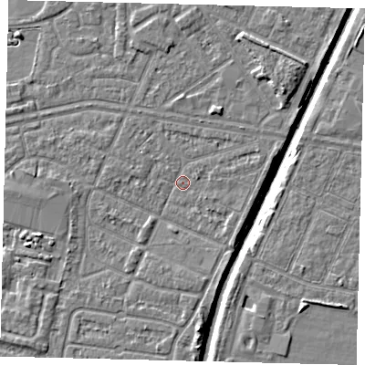 Shaded relief map of the ground around HU93SR, computed from Environment Agency LiDAR. The ground here sits at about 2 m above sea level and falls 6 m across the surrounding 800 m. Surface water reaching this point runs off ground lying to the south-west, 1.6 m higher.
