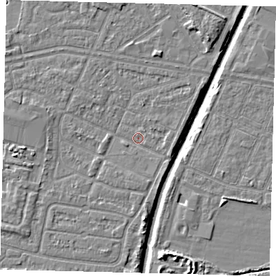 Shaded relief map of the ground around HU93SS, computed from Environment Agency LiDAR. The ground here sits at about 2 m above sea level and falls 7 m across the surrounding 800 m. Surface water reaching this point runs off ground lying to the west-south-west, 1.0 m higher.
