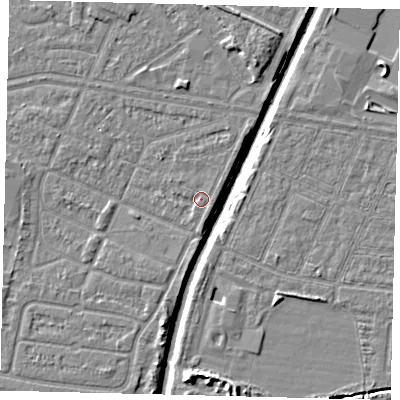 Shaded relief map of the ground around HU93ST, computed from Environment Agency LiDAR. The ground here sits at about 3 m above sea level and falls 7 m across the surrounding 800 m. Surface water reaching this point runs off ground lying to the south-south-east, 0.9 m higher.