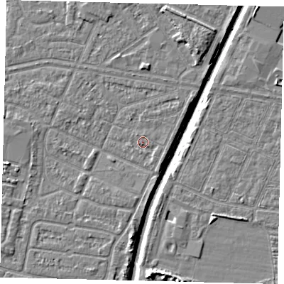 Shaded relief map of the ground around HU93SU, computed from Environment Agency LiDAR. The ground here sits at about 3 m above sea level and falls 7 m across the surrounding 800 m. Surface water reaching this point runs off ground lying to the south-east, 1.0 m higher.