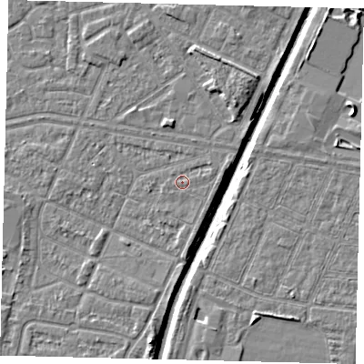 Shaded relief map of the ground around HU93SX, computed from Environment Agency LiDAR. The ground here sits at about 3 m above sea level and falls 6 m across the surrounding 800 m. Surface water reaching this point runs off ground lying to the east-north-east, 0.8 m higher.