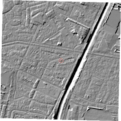 Shaded relief map of the ground around HU93SY, computed from Environment Agency LiDAR. The ground here sits at about 3 m above sea level and falls 6 m across the surrounding 800 m. Surface water reaching this point runs off ground lying to the east-north-east, 0.9 m higher.