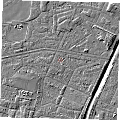 Shaded relief map of the ground around HU93TA, computed from Environment Agency LiDAR. The ground here sits at about 2 m above sea level and falls 6 m across the surrounding 800 m. Surface water reaching this point runs off ground lying to the south-south-west, 0.9 m higher.