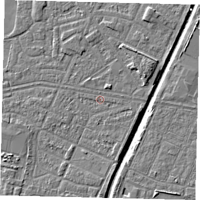 Shaded relief map of the ground around HU93TB, computed from Environment Agency LiDAR. The ground here sits at about 2 m above sea level and falls 6 m across the surrounding 800 m. Surface water reaching this point runs off ground lying to the west-south-west, 0.9 m higher.