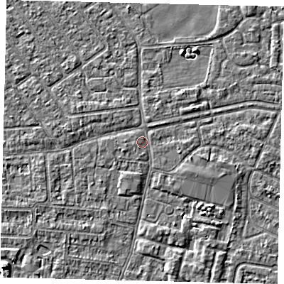 Shaded relief map of the ground around HU93TN, computed from Environment Agency LiDAR. The ground here sits at about 2 m above sea level and falls 4 m across the surrounding 800 m. Surface water reaching this point runs off ground lying to the east-south-east, 1.2 m higher.