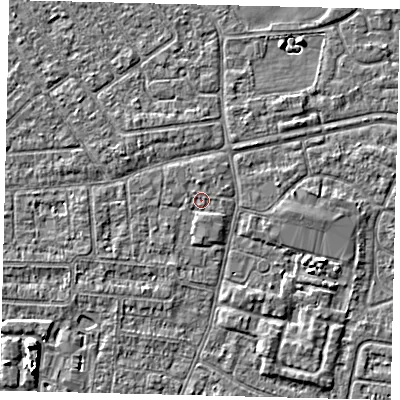 Shaded relief map of the ground around HU93TP, computed from Environment Agency LiDAR. The ground here sits at about 2 m above sea level and falls 4 m across the surrounding 800 m. Surface water reaching this point runs off ground lying to the north, 1.0 m higher.