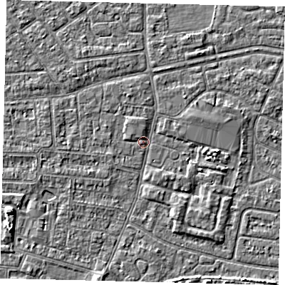 Shaded relief map of the ground around HU93TR, computed from Environment Agency LiDAR. The ground here sits at about 2 m above sea level and falls 4 m across the surrounding 800 m. Surface water reaching this point runs off ground lying to the south-east, 2.8 m higher.