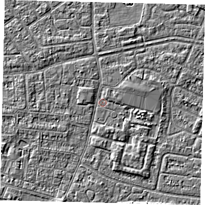 Shaded relief map of the ground around HU93TS, computed from Environment Agency LiDAR. The ground here sits at about 2 m above sea level and falls 3 m across the surrounding 800 m. Surface water reaching this point runs off ground lying to the east-south-east, 2.5 m higher.