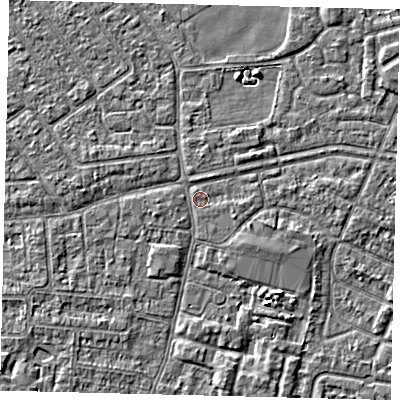 Shaded relief map of the ground around HU93TW, computed from Environment Agency LiDAR. The ground here sits at about 2 m above sea level and falls 3 m across the surrounding 800 m. Surface water reaching this point runs off ground lying to the north-north-east, 1.0 m higher.