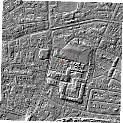 Shaded relief map of the ground around HU93TX, computed from Environment Agency LiDAR. The ground here sits at about 2 m above sea level and falls 3 m across the surrounding 800 m. Surface water reaching this point runs off ground lying to the south-south-east, 2.8 m higher.
