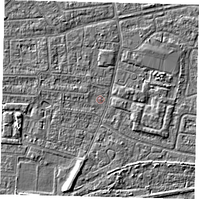 Shaded relief map of the ground around HU93UA, computed from Environment Agency LiDAR. The ground here sits at about 2 m above sea level and falls 6 m across the surrounding 800 m. Surface water reaching this point runs off ground lying to the west-south-west, 3.9 m higher.