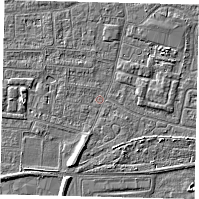 Shaded relief map of the ground around HU93UB, computed from Environment Agency LiDAR. The ground here sits at about 2 m above sea level and falls 7 m across the surrounding 800 m. Surface water reaching this point runs off ground lying to the west, 3.9 m higher.