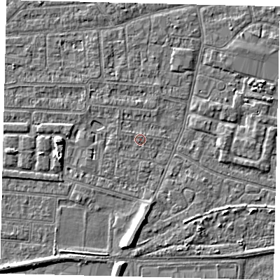 Shaded relief map of the ground around HU93UD, computed from Environment Agency LiDAR. The ground here sits at about 3 m above sea level and falls 6 m across the surrounding 800 m. The ground contributing surface water to this point lies to the west-north-west.