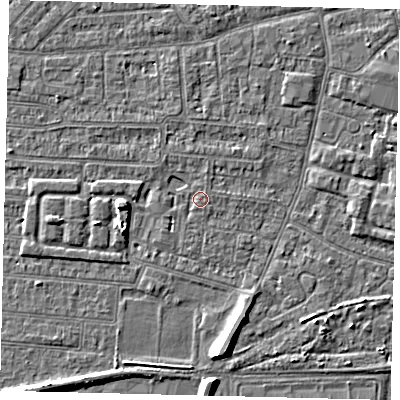 Shaded relief map of the ground around HU93UE, computed from Environment Agency LiDAR. The ground here sits at about 2 m above sea level and falls 7 m across the surrounding 800 m. Surface water reaching this point runs off ground lying to the west, 3.9 m higher.