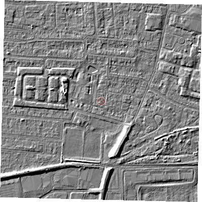 Shaded relief map of the ground around HU93UF, computed from Environment Agency LiDAR. The ground here sits at about 2 m above sea level and falls 7 m across the surrounding 800 m. The ground contributing surface water to this point lies to the south-west.