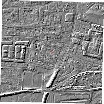 Shaded relief map of the ground around HU93UG, computed from Environment Agency LiDAR. The ground here sits at about 2 m above sea level and falls 6 m across the surrounding 800 m. Surface water reaching this point runs off ground lying to the west, 3.9 m higher.