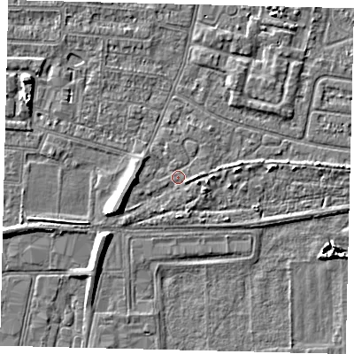 Shaded relief map of the ground around HU93UJ, computed from Environment Agency LiDAR. The ground here sits at about 3 m above sea level and falls 7 m across the surrounding 800 m. Surface water reaching this point runs off ground lying to the west, 2.7 m higher.