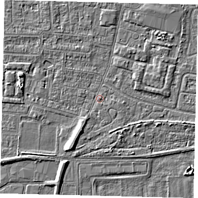 Shaded relief map of the ground around HU93UN, computed from Environment Agency LiDAR. The ground here sits at about 3 m above sea level and falls 7 m across the surrounding 800 m. Surface water reaching this point runs off ground lying to the south-south-west, 3.0 m higher.