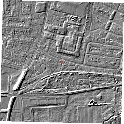 Shaded relief map of the ground around HU93UP, computed from Environment Agency LiDAR. The ground here sits at about 2 m above sea level and falls 7 m across the surrounding 800 m. Surface water reaching this point runs off ground lying to the east-south-east, 2.3 m higher.