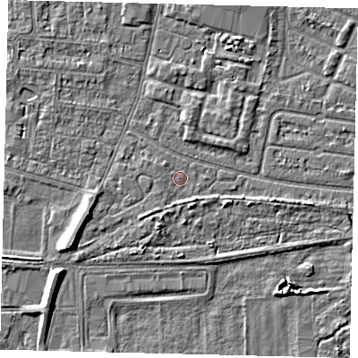 Shaded relief map of the ground around HU93UR, computed from Environment Agency LiDAR. The ground here sits at about 3 m above sea level and falls 7 m across the surrounding 800 m. Surface water reaching this point runs off ground lying to the south-east, 1.6 m higher.