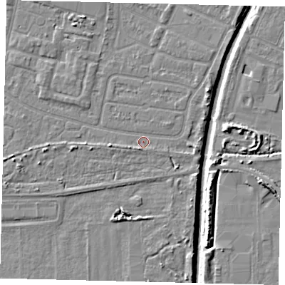 Shaded relief map of the ground around HU93US, computed from Environment Agency LiDAR. The ground here sits at about 3 m above sea level and falls 8 m across the surrounding 800 m. Surface water reaching this point runs off ground lying to the north-east, 2.6 m higher.