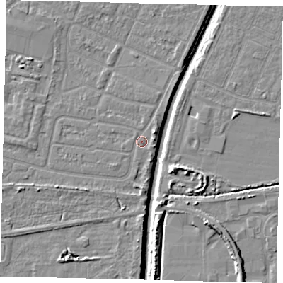 Shaded relief map of the ground around HU93UT, computed from Environment Agency LiDAR. The ground here sits at about 3 m above sea level and falls 8 m across the surrounding 800 m. Surface water reaching this point runs off ground lying to the east, 2.2 m higher.