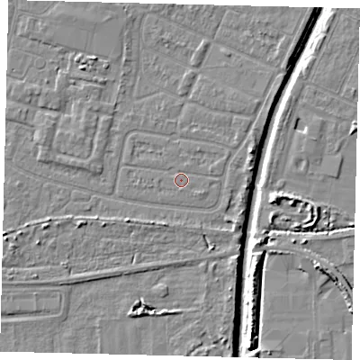 Shaded relief map of the ground around HU93UU, computed from Environment Agency LiDAR. The ground here sits at about 3 m above sea level and falls 8 m across the surrounding 800 m. Surface water reaching this point runs off ground lying to the south-east, 0.8 m higher.