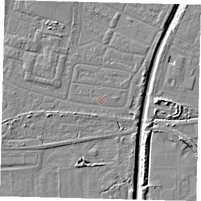 Shaded relief map of the ground around HU93UX, computed from Environment Agency LiDAR. The ground here sits at about 3 m above sea level and falls 8 m across the surrounding 800 m. Surface water reaching this point runs off ground lying to the east-north-east, 2.6 m higher.