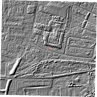 Shaded relief map of the ground around HU93UY, computed from Environment Agency LiDAR. The ground here sits at about 2 m above sea level and falls 7 m across the surrounding 800 m. Surface water reaching this point runs off ground lying to the east-south-east, 2.4 m higher.