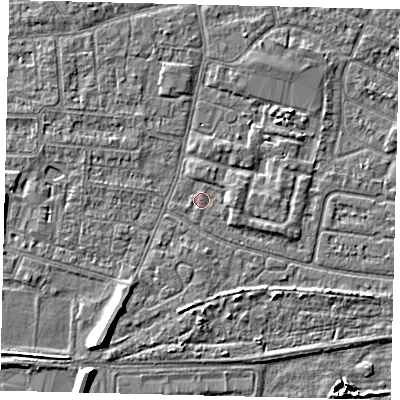 Shaded relief map of the ground around HU93UZ, computed from Environment Agency LiDAR. The ground here sits at about 2 m above sea level and falls 7 m across the surrounding 800 m. Surface water reaching this point runs off ground lying to the east, 1.3 m higher.