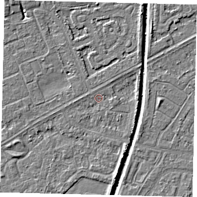 Shaded relief map of the ground around HU94AB, computed from Environment Agency LiDAR. The ground here sits at about 2 m above sea level and falls 5 m across the surrounding 800 m. Surface water reaching this point runs off ground lying to the south-south-east, 2.9 m higher.