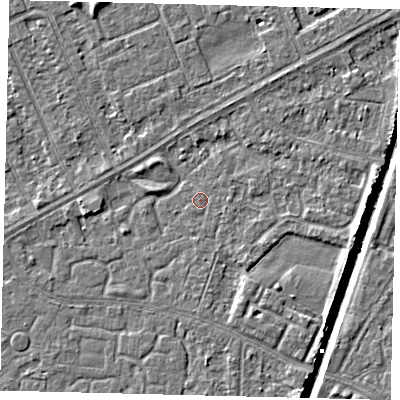 Shaded relief map of the ground around HU94AE, computed from Environment Agency LiDAR. The ground here sits at about 2 m above sea level and falls 5 m across the surrounding 800 m. Surface water reaching this point runs off ground lying to the east-south-east, 2.8 m higher.