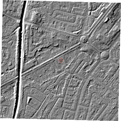 Shaded relief map of the ground around HU94AH, computed from Environment Agency LiDAR. The ground here sits at about 2 m above sea level and falls 7 m across the surrounding 800 m. Surface water reaching this point runs off ground lying to the south-west, 1.9 m higher.