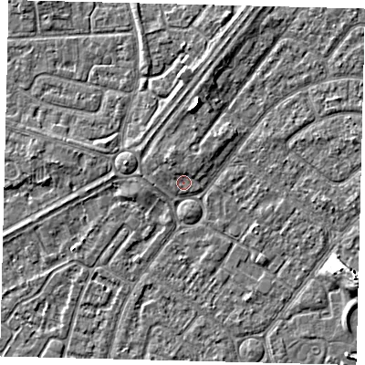 Shaded relief map of the ground around HU94AJ, computed from Environment Agency LiDAR. The ground here sits at about 2 m above sea level and falls 7 m across the surrounding 800 m. Surface water reaching this point runs off ground lying to the north-north-west, 1.3 m higher.
