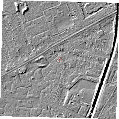 Shaded relief map of the ground around HU94AQ, computed from Environment Agency LiDAR. The ground here sits at about 2 m above sea level and falls 6 m across the surrounding 800 m. Surface water reaching this point runs off ground lying to the east-south-east, 2.9 m higher.