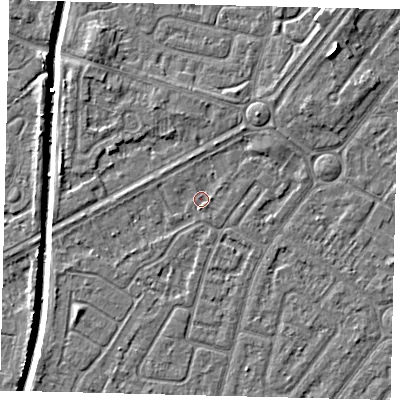 Shaded relief map of the ground around HU94AW, computed from Environment Agency LiDAR. The ground here sits at about 2 m above sea level and falls 7 m across the surrounding 800 m. Surface water reaching this point runs off ground lying to the south-west, 1.9 m higher.