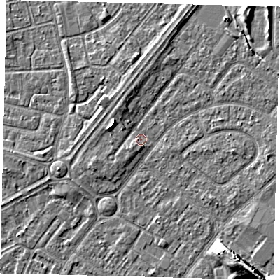 Shaded relief map of the ground around HU94AX, computed from Environment Agency LiDAR. The ground here sits at about 2 m above sea level and falls 9 m across the surrounding 800 m. Surface water reaching this point runs off ground lying to the west-north-west, 3.6 m higher.