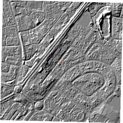 Shaded relief map of the ground around HU94AY, computed from Environment Agency LiDAR. The ground here sits at about 2 m above sea level and falls 4 m across the surrounding 800 m. Surface water reaching this point runs off ground lying to the west, 2.1 m higher.