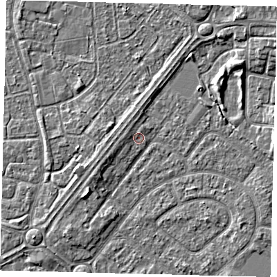 Shaded relief map of the ground around HU94BA, computed from Environment Agency LiDAR. The ground here sits at about 2 m above sea level and falls 5 m across the surrounding 800 m. Surface water reaching this point runs off ground lying to the west, 1.2 m higher.